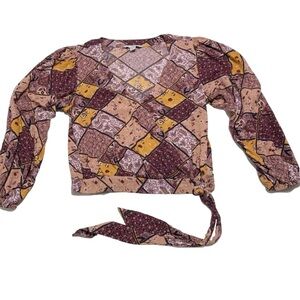 American Eagle Medium Crop Top Puffy Sleeve Wrap‎ Front Tie Boho Cottagecore